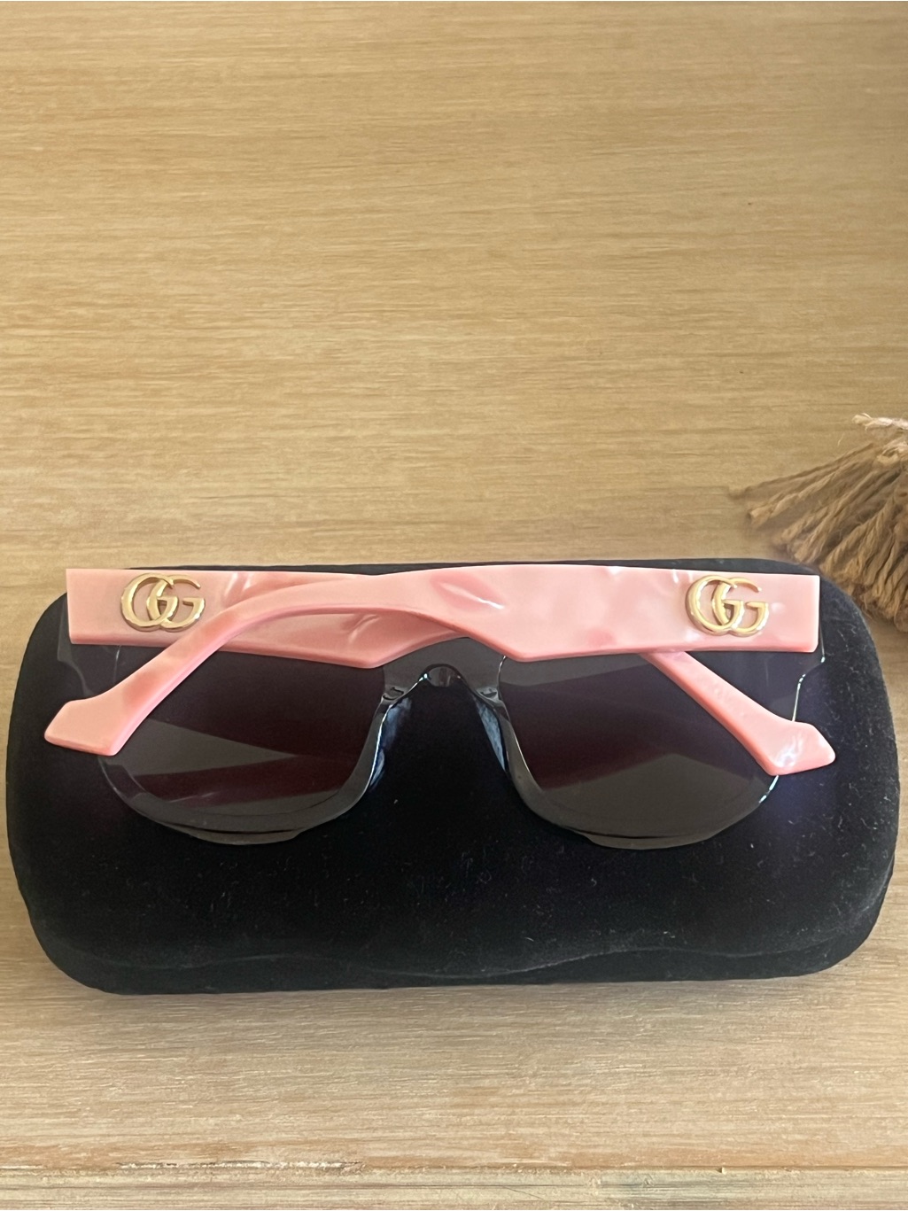 Gucci Pink Shield Sunglasses With Gold Gg Accents